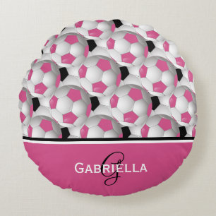 Cojín Redondo Modelo negro rosado del balón de fútbol del