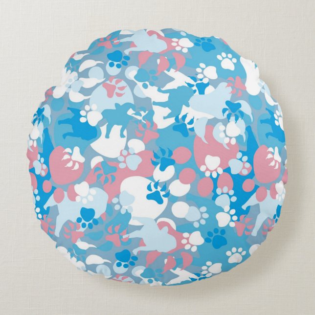 Cojín Redondo Modelo rosado y azul del perro del camuflaje (Anverso)
