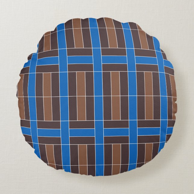 Cojín Redondo Modern Blue and Brown Geometric Plaid Pattern | (Anverso)