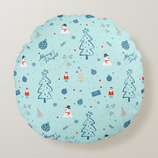 Cojín Redondo Modern Blue Christmas Pillow – Santa & Snowmen  (Anverso)