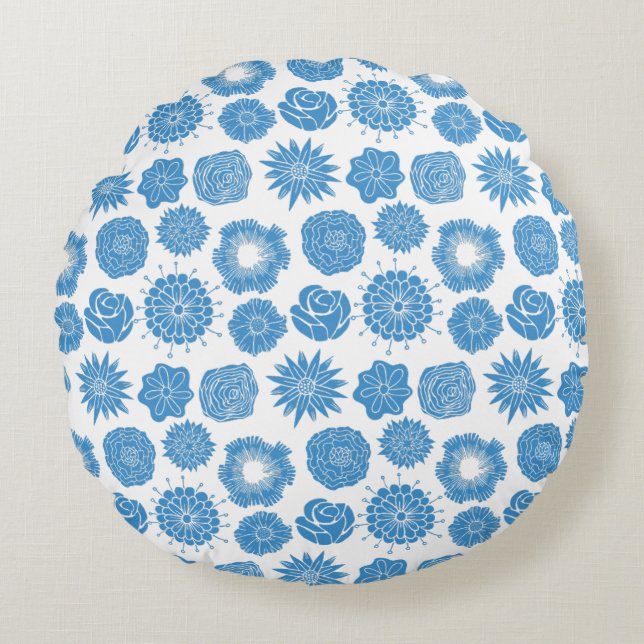 Cojín Redondo Modern Blue Flowers Stylish Motif Round Pillow (Anverso)