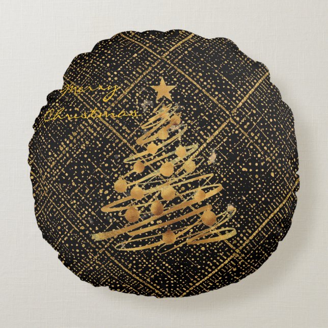 Cojín Redondo Modern, Chrismas Tree, Black Gold Cross Pattern  (Anverso)
