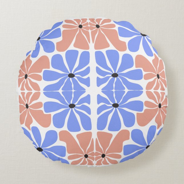 Cojín Redondo Modern Geometric Floral - Blue & Peach Pattern  (Anverso)