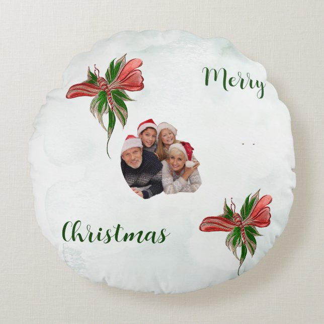 Cojín Redondo Modern merry Christmas family photo pillow  (Anverso)