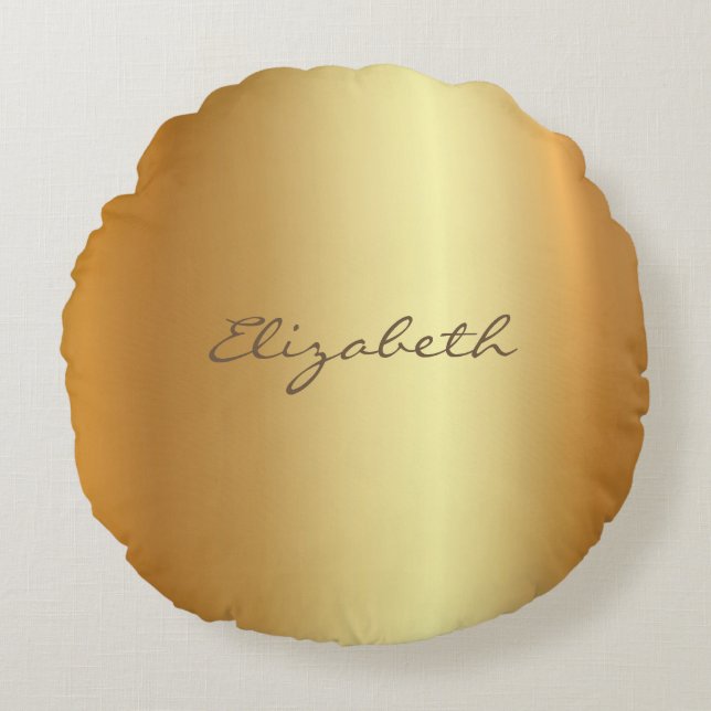 Cojín Redondo Moderna elegancia Dorado Nombre Script Glam Plain (Anverso)