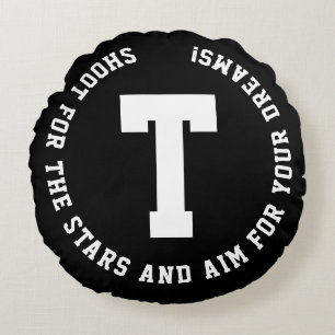 Cojín Redondo Moderna Inspiración Deportiva Monograma Blanco Y N