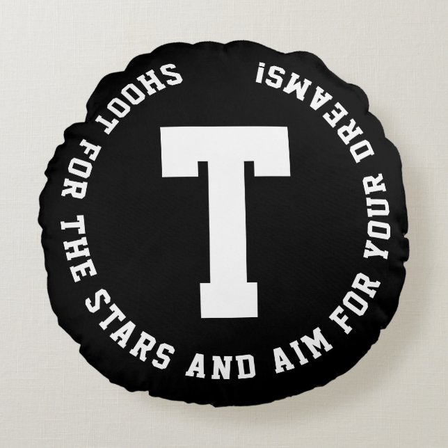 Cojín Redondo Moderna Inspiración Deportiva Monograma Blanco Y N (Anverso)