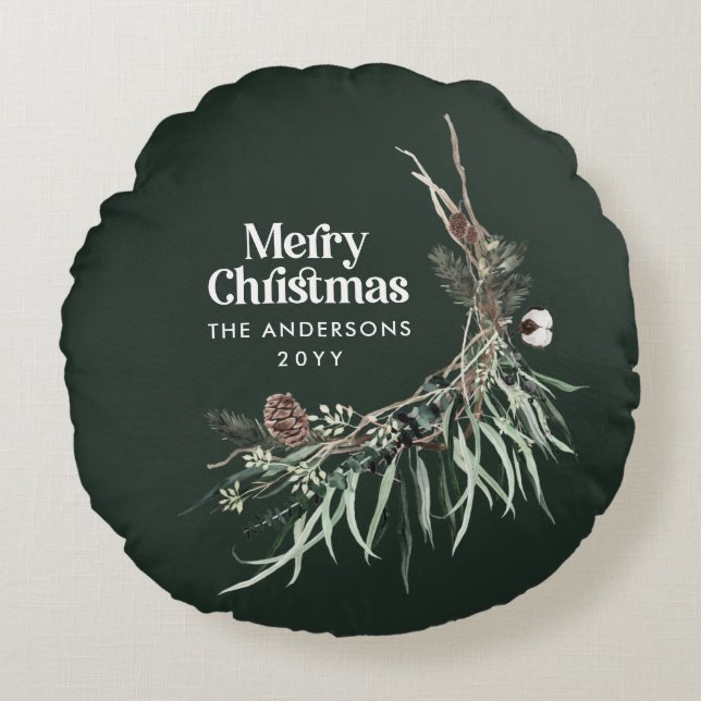 Cojín Redondo Moderna y verde acuarela botánica (Anverso)