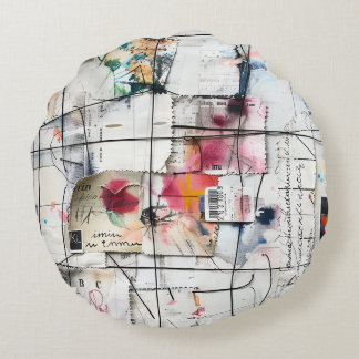 Cojín Redondo Moderno Arte De Collage De Medios Mixtos