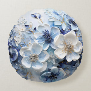 Cojín Redondo Moderno Floral Botánico Azul Blanco Elegante
