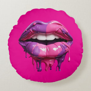 Cojín Redondo Moderno goteo de labios de arte - negrita rosa y m