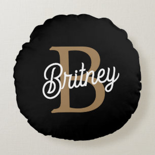 Cojín Redondo Moderno y elegante nombre de monograma Black Gold