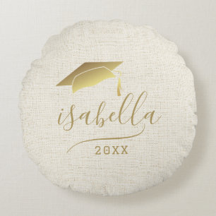 Cojín Redondo Moderno y personalizado Cap Keepsake de Gold Grad