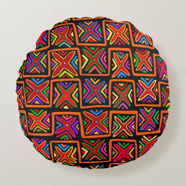 Cojín Redondo Mola tribal Kuna - Verificación Roja (Anverso)