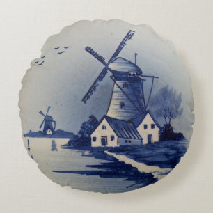 Cojín Redondo Molino de viento azul vintage Delft