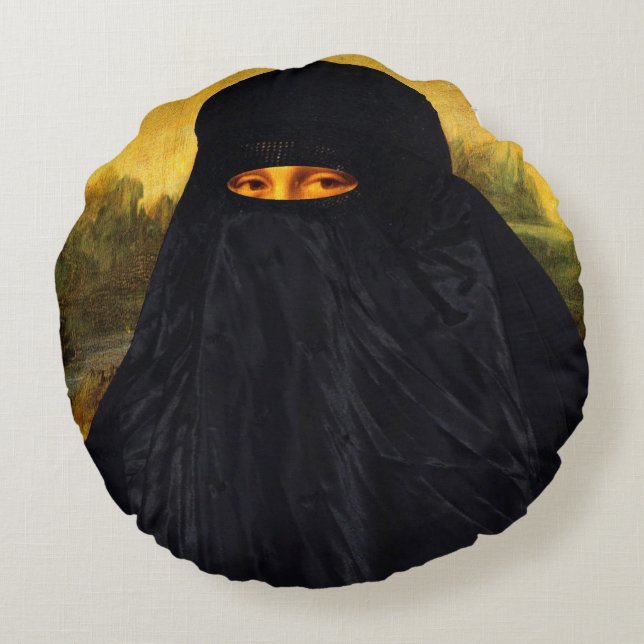 Cojín Redondo Mona Lisa oculta detrás de Burqa (Reverso)