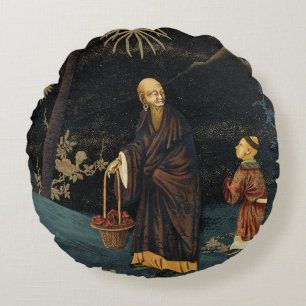 Cojín Redondo Monje y Niño Japonés Antiguo G.A. Audsley