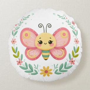 Cojín Redondo Mono adorable, primavera/mariposa