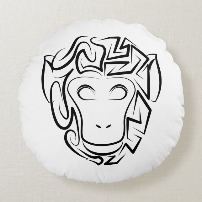 Cojín Redondo Mono tribal blanco y negro (Anverso)
