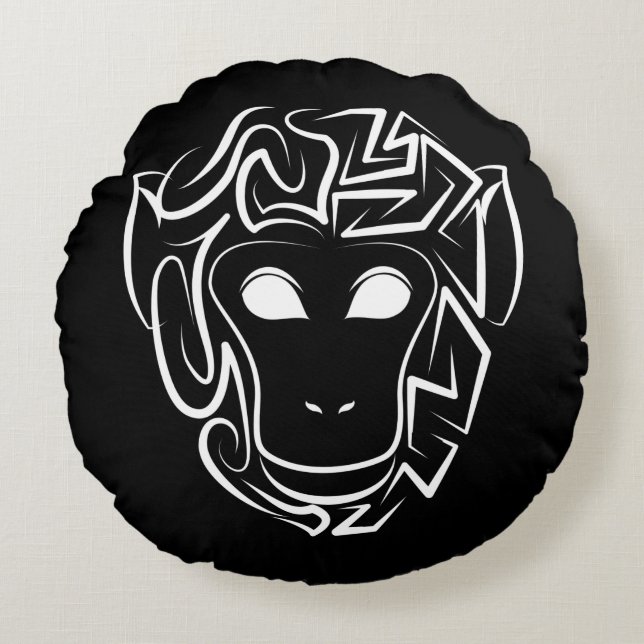 Cojín Redondo Mono tribal blanco y negro (Anverso)