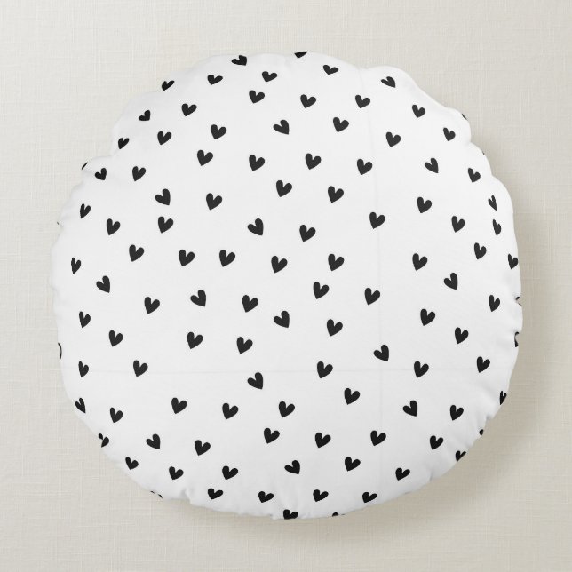 Cojín Redondo Monochrome Black and White Heart Pattern (Anverso)