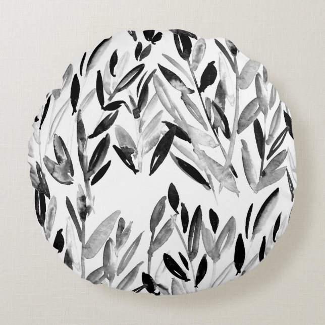 Cojín Redondo Monocromo elegante: Patrón de hojas naturales (Anverso)