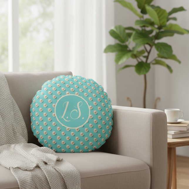Cojín Redondo Monogram Pearl & Turquoise Round Pillow (Subido por el creador)