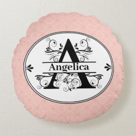 Cojín Redondo Monograma A con fondo de pequeño patrón rosa claro