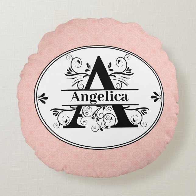 Cojín Redondo Monograma A con fondo de pequeño patrón rosa claro (Anverso)