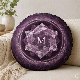 Cojín Redondo Monograma abstracto estrella fractal morado oscuro