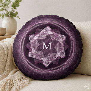 Cojín Redondo Monograma abstracto estrella fractal morado oscuro