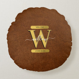 Cojín Redondo Monograma antiguo de cuero falso y oro