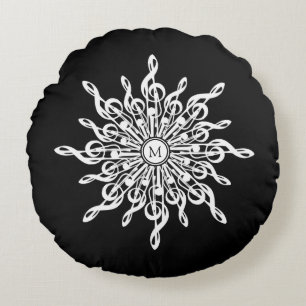 Cojín Redondo Monograma blanco negro Ornamental G-Clefs Snowflak
