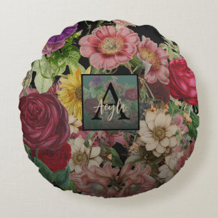 Cojín Redondo Monograma botánico de Black Boho Girly