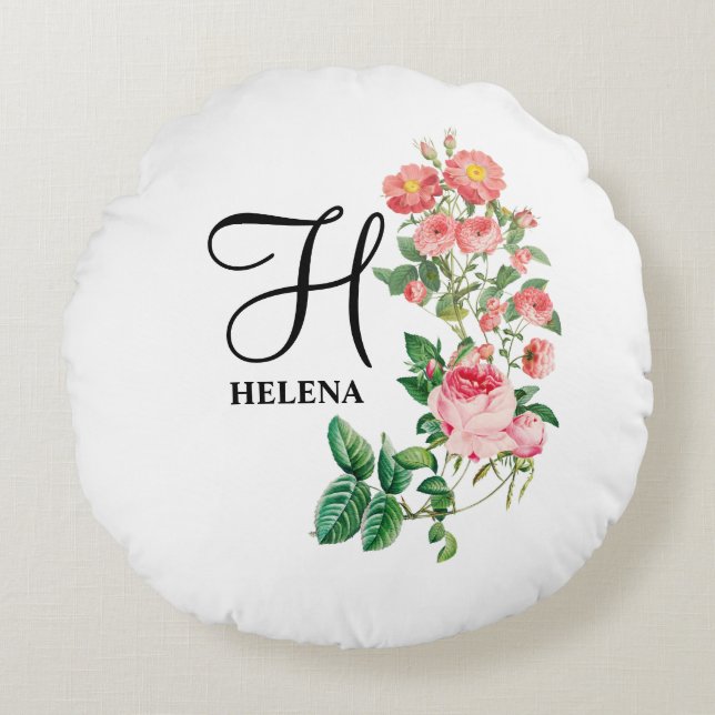 Cojín Redondo Monograma Botánico Personalizado Vintage Floral (Anverso)