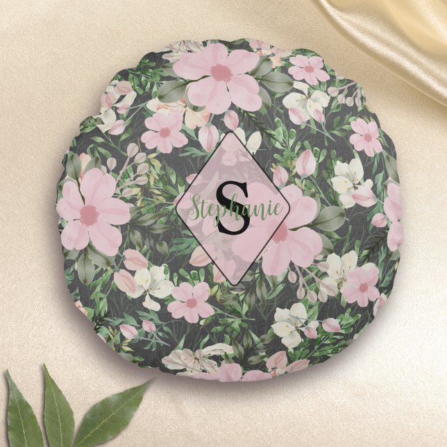 Cojín Redondo Monograma Botánico Rosa Lush Vintage (Subido por el creador)