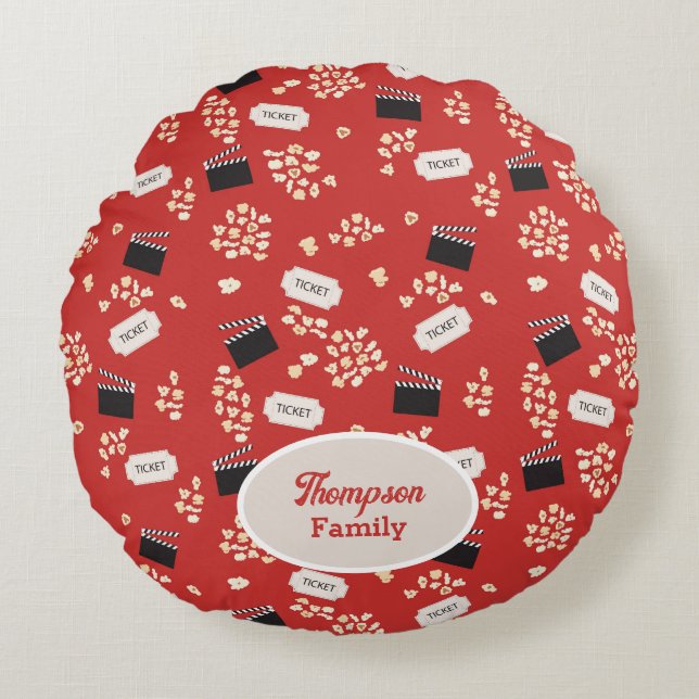 Cojín Redondo Monograma cinematográfico retro de popcorn (Anverso)