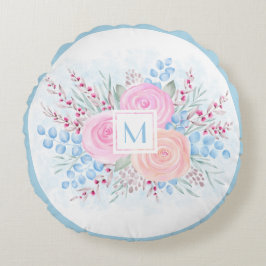 Cojín Redondo Monograma color de agua Bouquet rosas rosas rosas