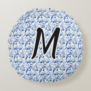 Cojín Redondo Monograma de Arte Fino Mosaico de Hoja Azul de Col