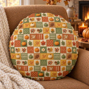 Cojín Redondo Monograma de calabaza de patchwork de otoño rústic