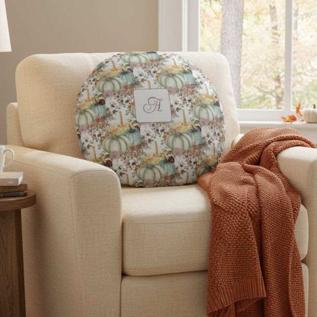 Cojín Redondo Monograma De Calabazas Y Flores Címedas (Subido por el creador)