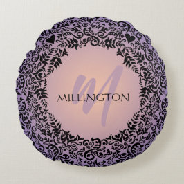 Cojín Redondo Monograma de damasco morado y permeable