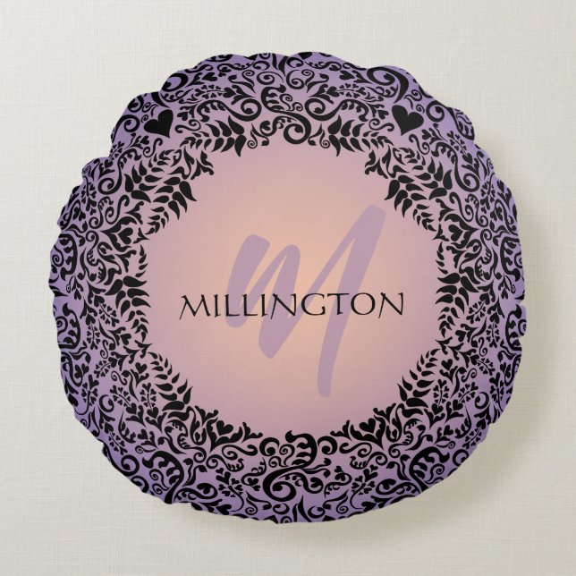 Cojín Redondo Monograma de damasco morado y permeable (Anverso)