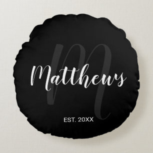Cojín Redondo Monograma de escritura moderna personalizado y ape