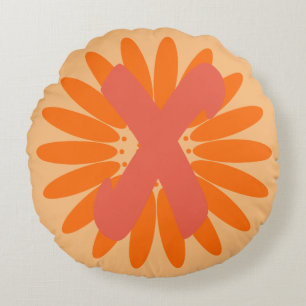 Cojín Redondo Monograma de flor gigante Naranja brillante