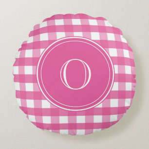 Cojín Redondo Monograma de Gingham rosa y blanco de Fuchsia