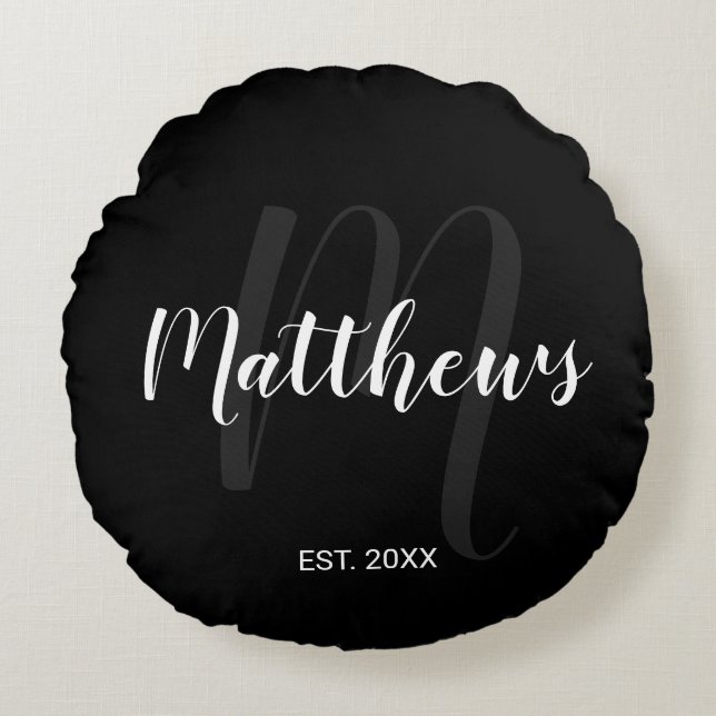 Cojín Redondo Monograma de guión moderno personalizado y apellid (Anverso)