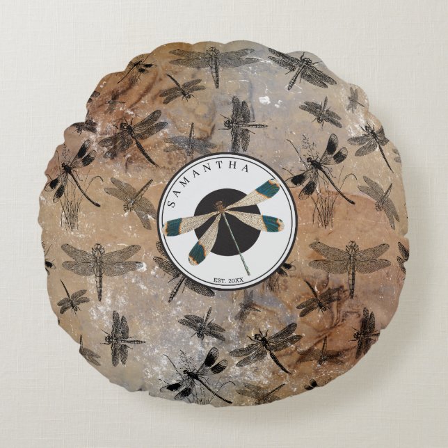 Cojín Redondo Monograma de la entomología alterada de la libélul (Anverso)