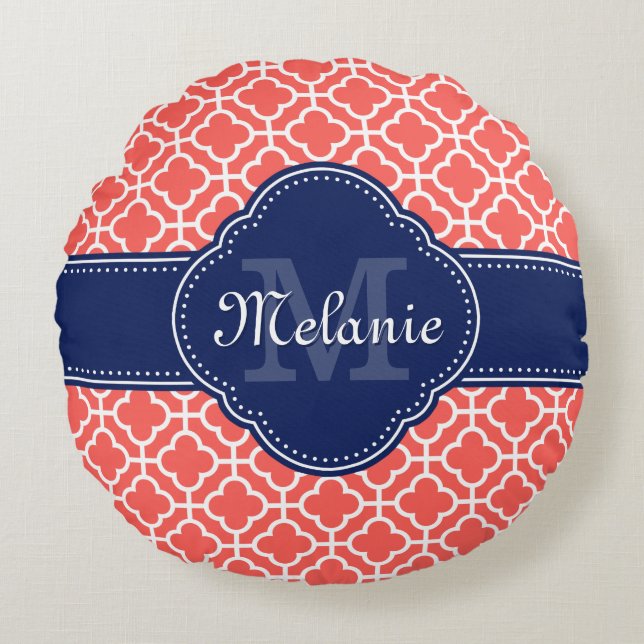 Cojín Redondo Monograma de la Marina del Patrón Marroquí Coral y (Anverso)