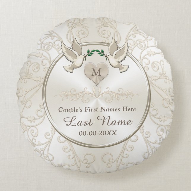 Cojín Redondo Monograma de los pájaros del amor personalizado (Anverso)